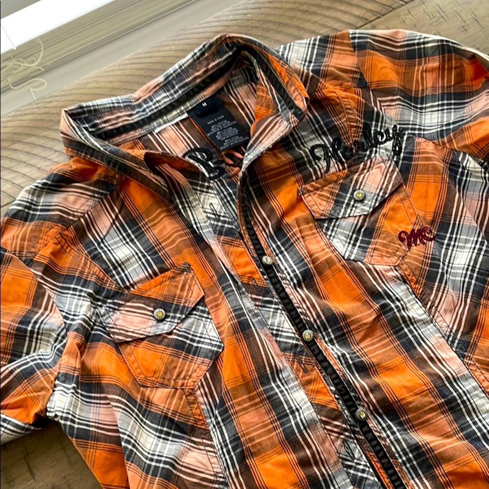 Harley-Davidson Orange Plaid Button Down Shirt